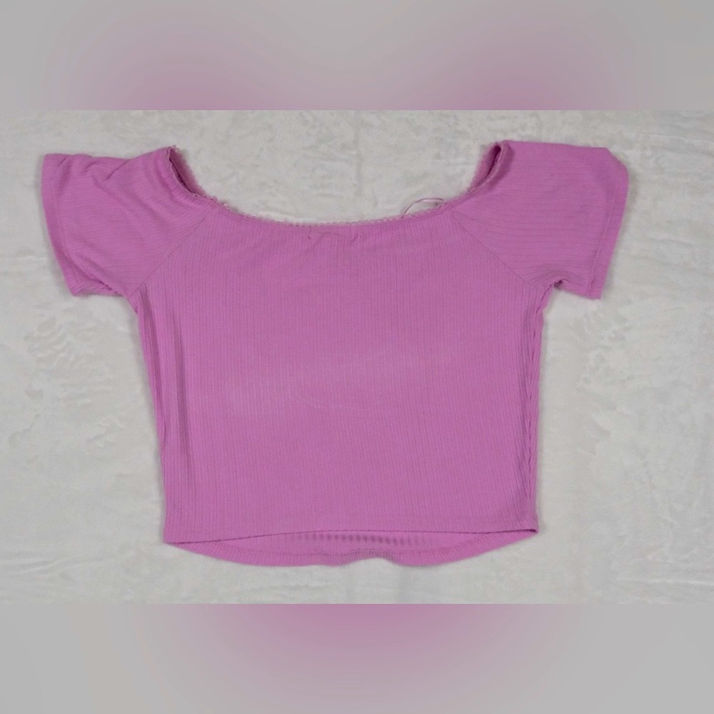 Bozzolo | Ballet Neck Baby Tee Pink Ribbed Off-Shoulder Crop Top | L - Picture 4 of 7